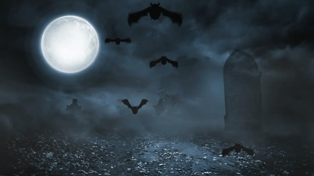 Scary bat animation for halloween in graveyard