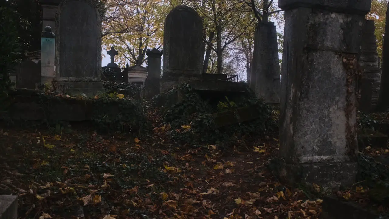 rising shot of an old scary graveyard in an ancient cemetary during a rainy day