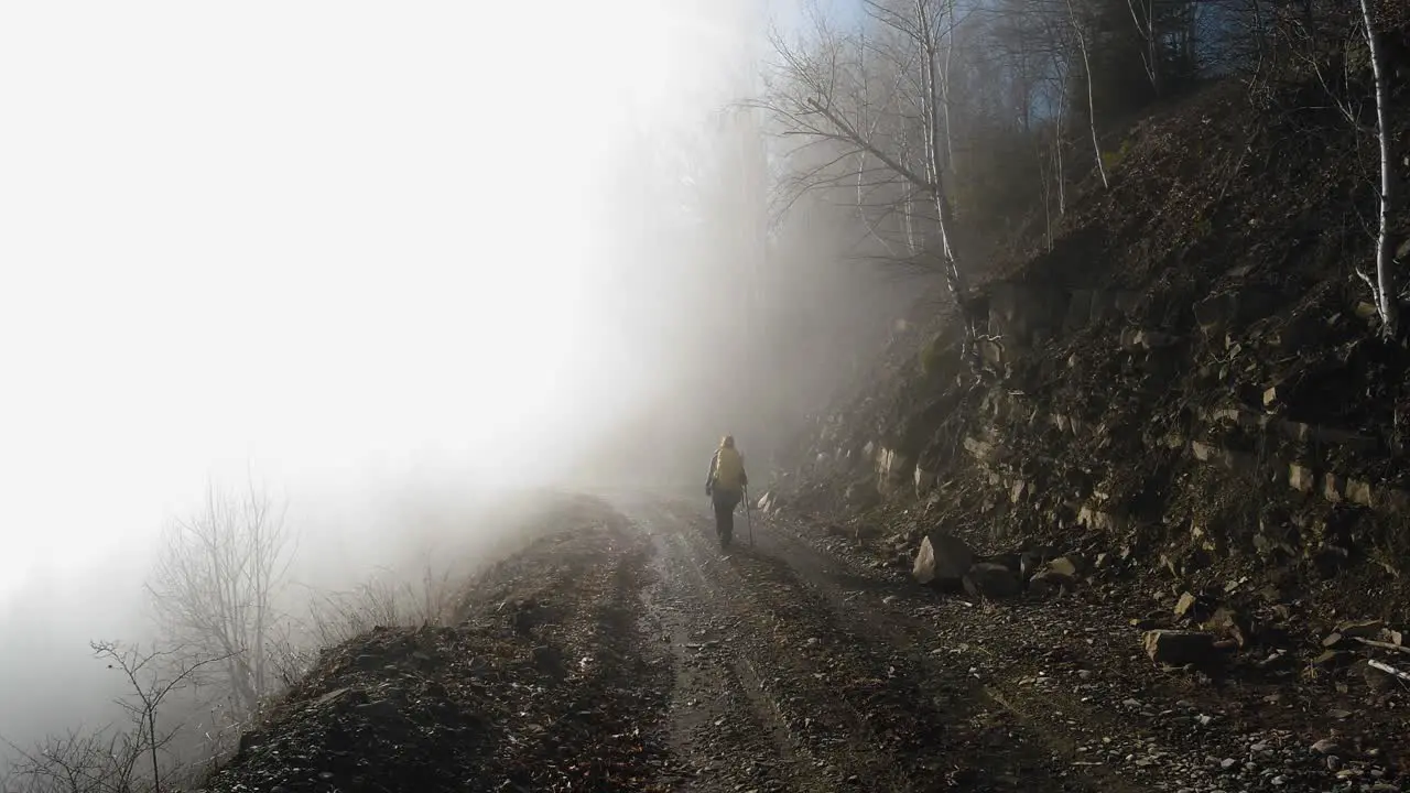 Walking into the fog on a mountain road