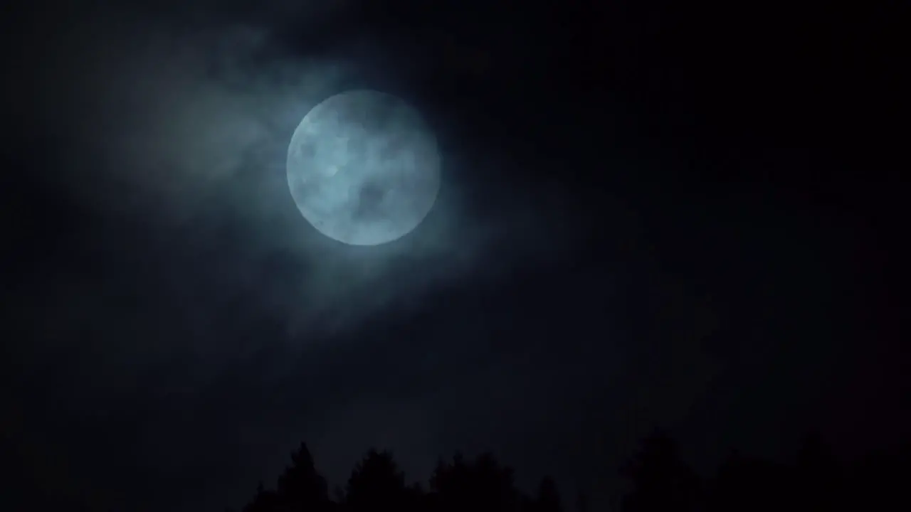 Amazing full moon rising above treetop silhouette with dark moody clouds passing in front