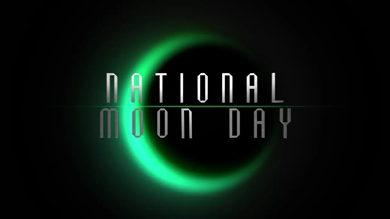 National Moon Day with green neon lights and moon in galaxy