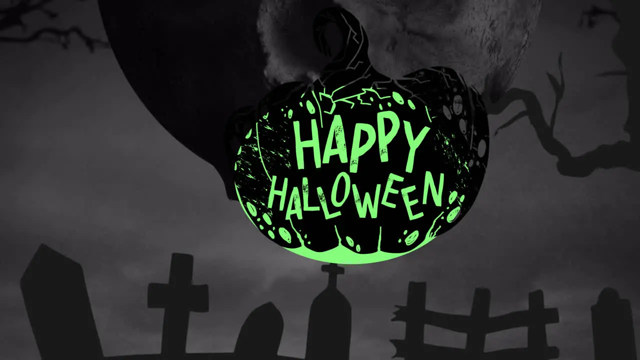 Animation of happy halloween text over pumpkin and cemetery