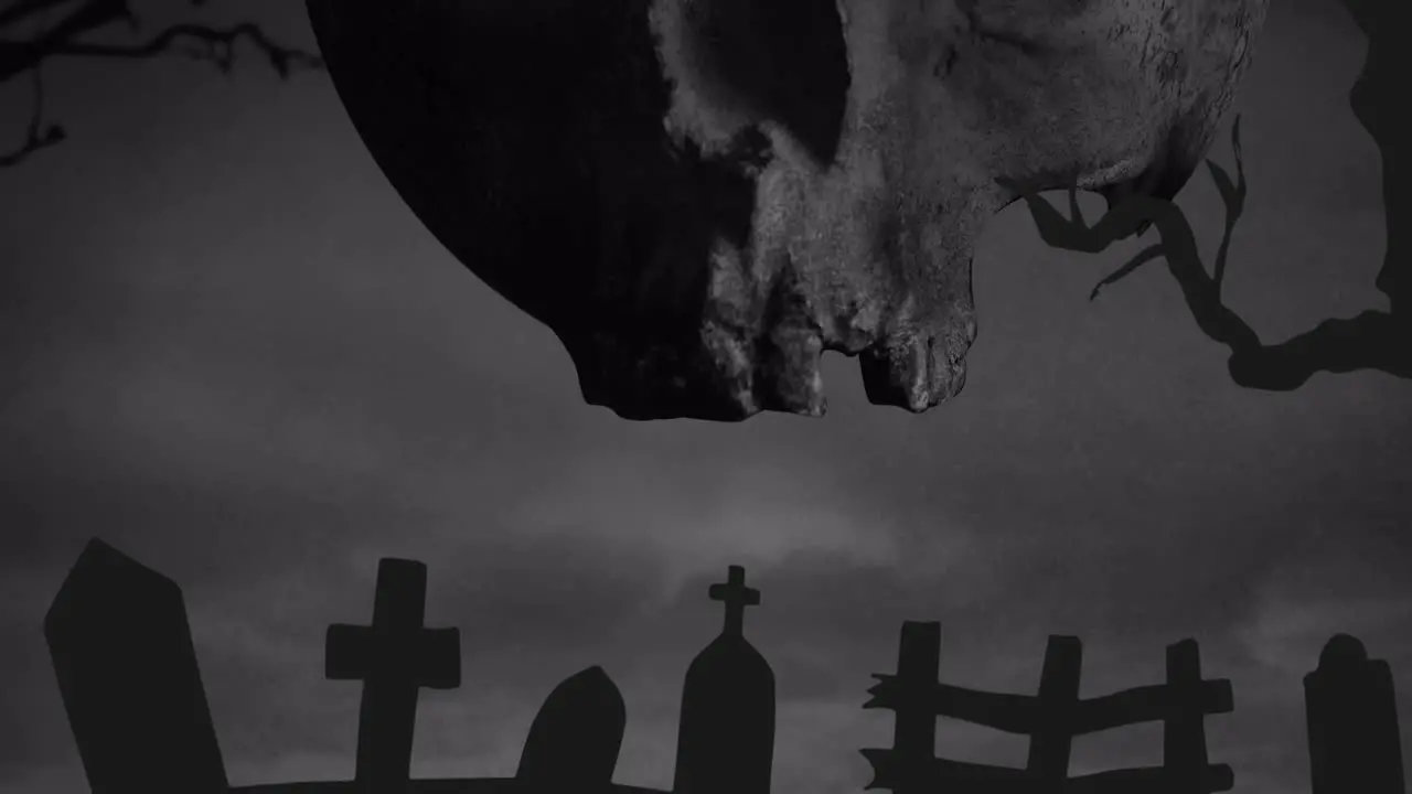 Animation of gray skull over branches and cemetery