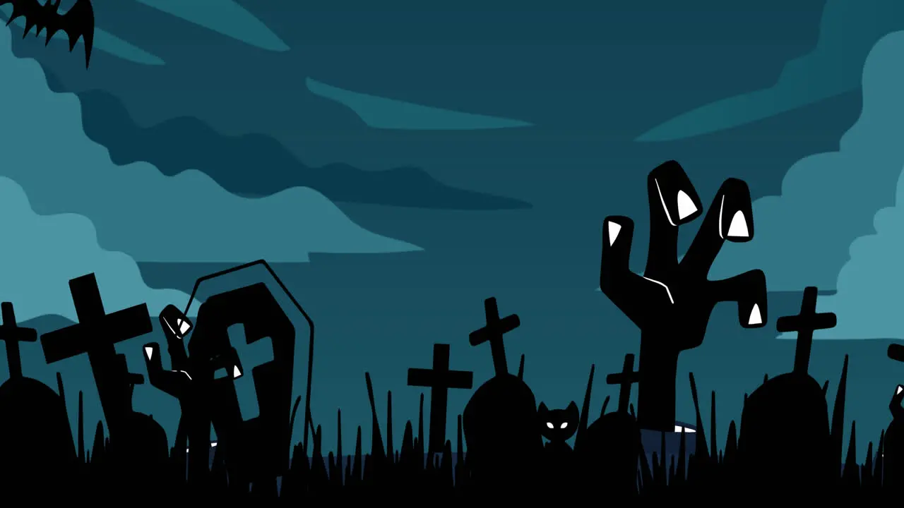 Animation of cemetery with bats and hands over clouds