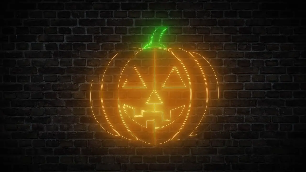 Halloween pumpkin neon sign on brick wall background