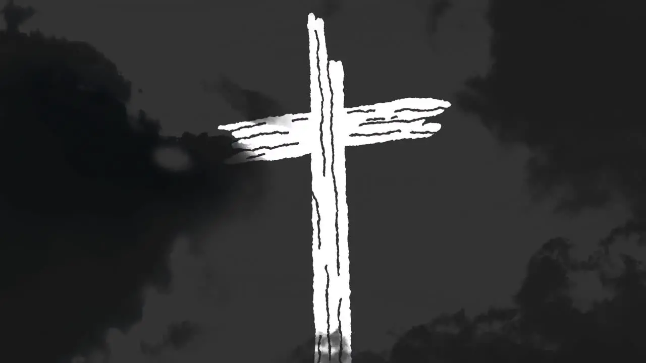 Animation of black clouds over grave cross