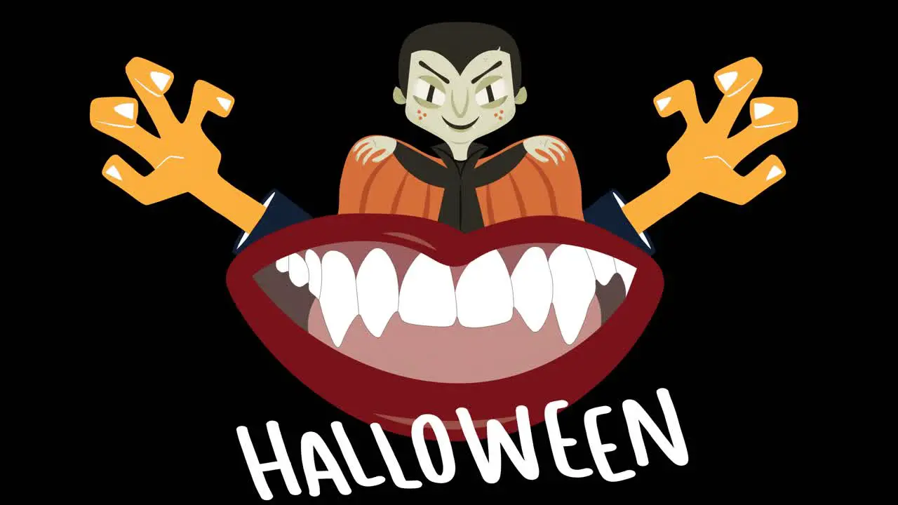 Animation of halloween text over vampire on black