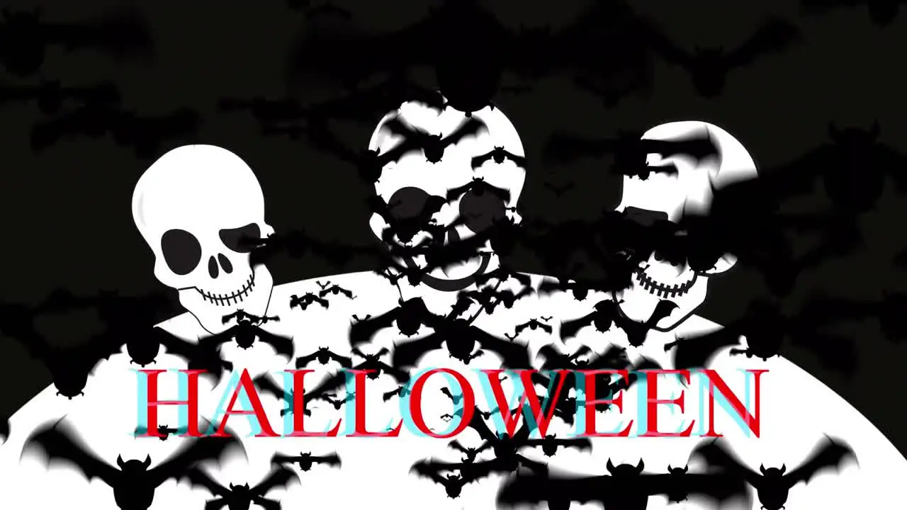 Animation of halloween text over bats and skulls