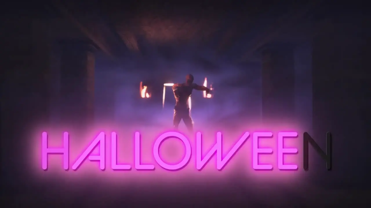 Animation of halloween text over zombie walking