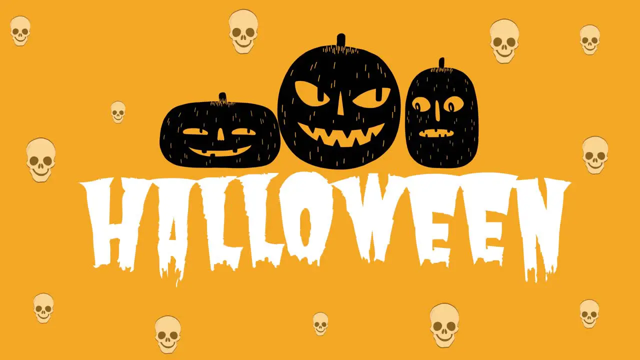 Animation of halloween text pumpkin and skulls on orange