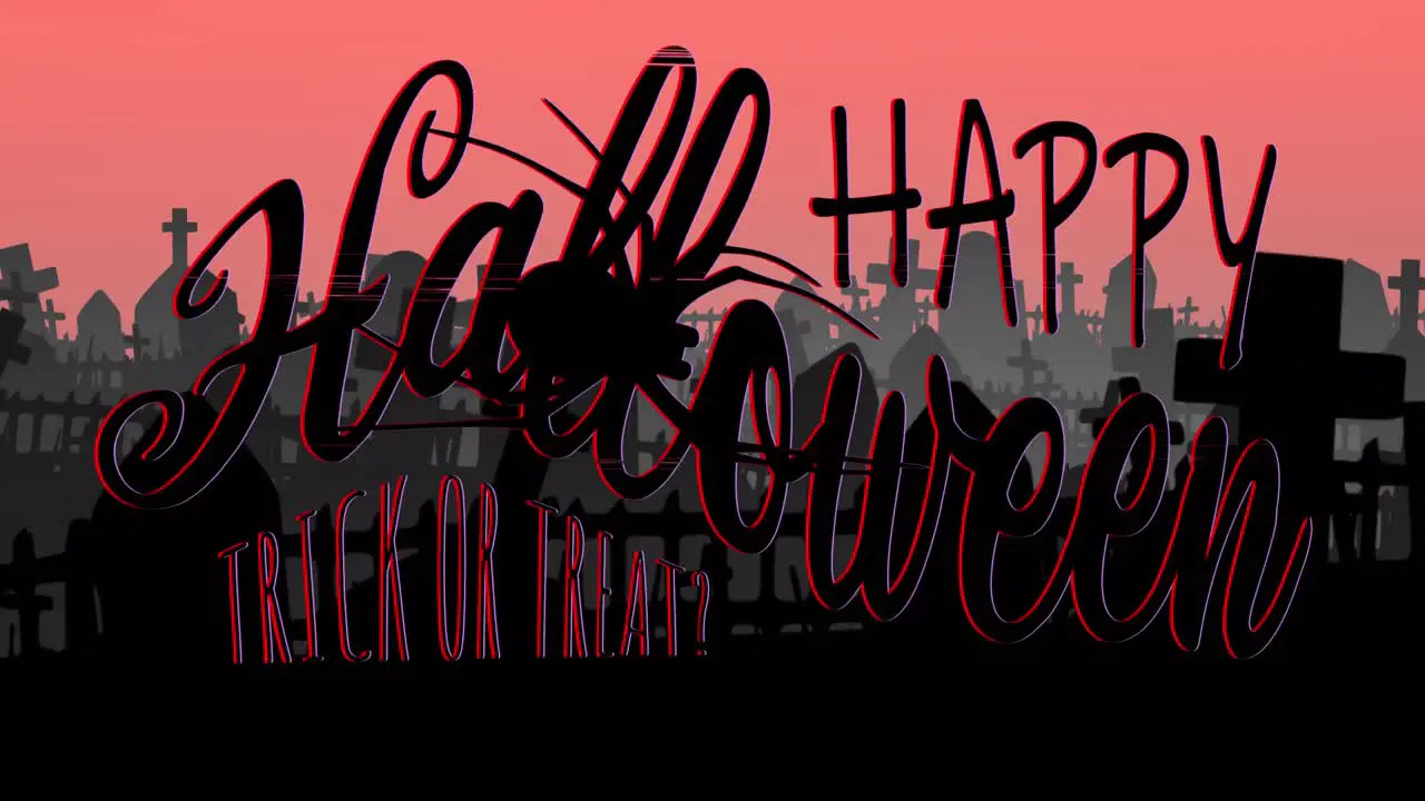 Animation of happy halloween text over cemetery