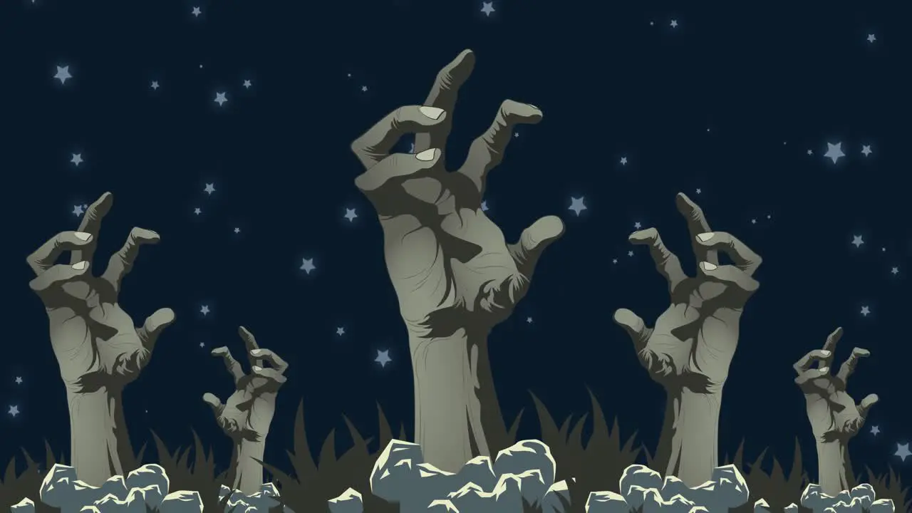 Animation of zombie hand out of ground in cemetery