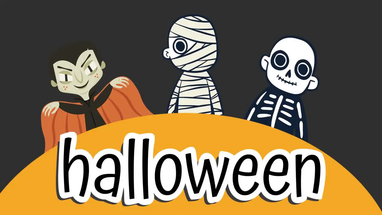 Animation of halloween text over monsters on on grey