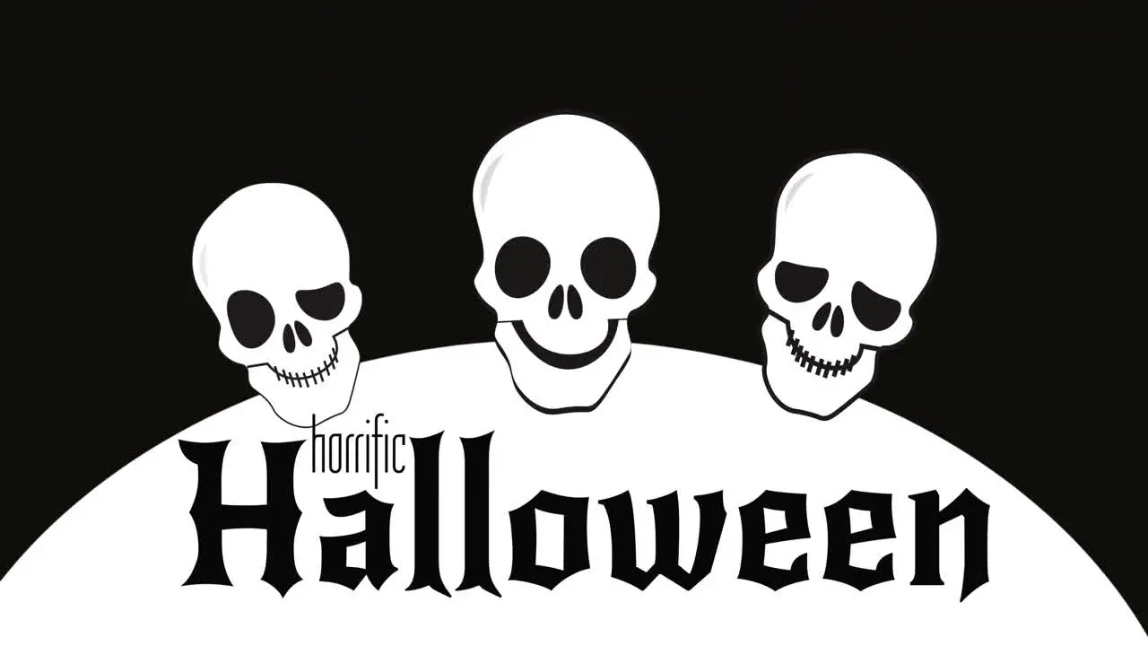 Animation of horrific halloween text over skulls on black