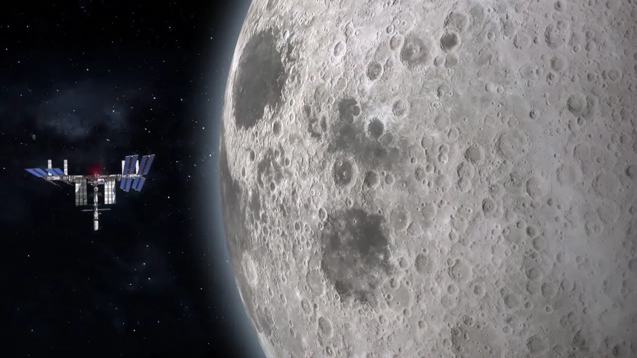 Satellite floating in Orbit above the Moon lunar satellite spacecraft orbiting mapping the crater surface