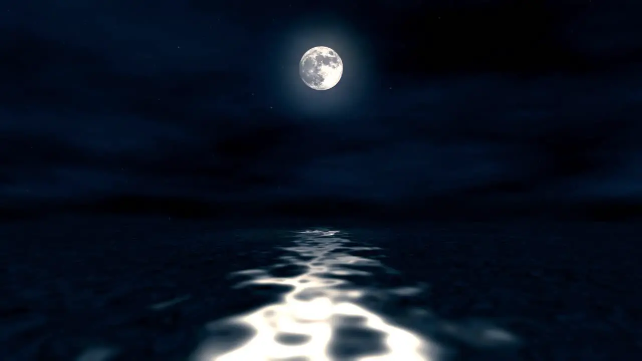 Simulation of full moon reflecting over ocean water at night