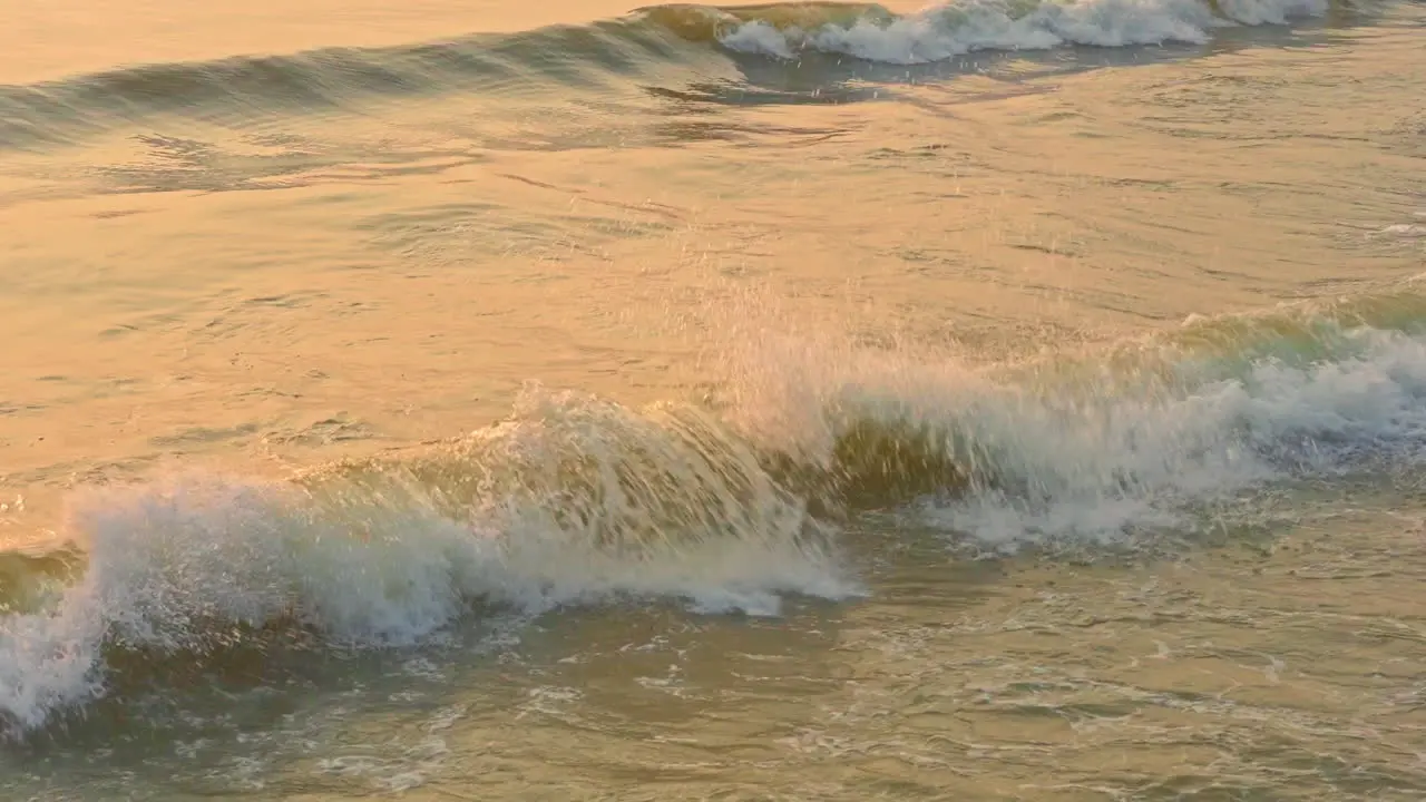 Golden ambient light of a setting sun reflects on the water surface as waves hits a beach shore