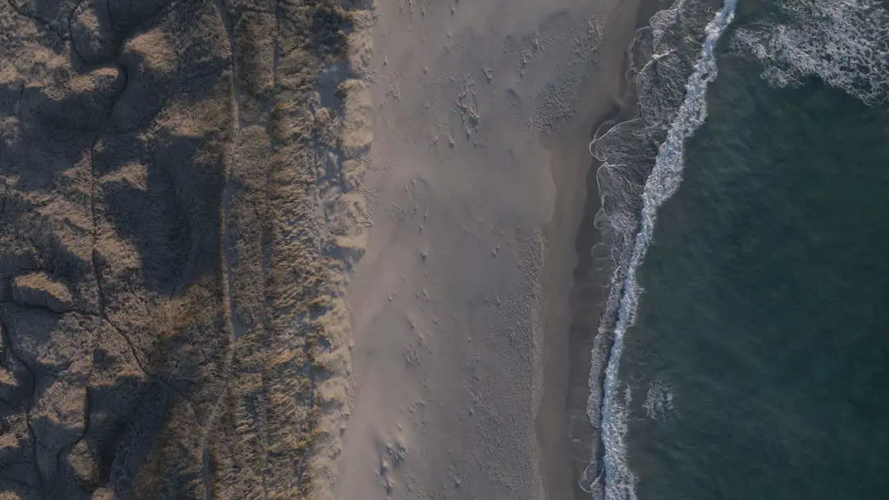 Sandy wild beach with foamy ocean waves hitting coast aerial top down shot