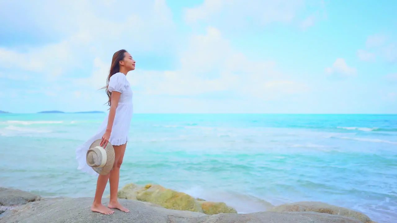 Standing alone on a large rock a pretty young woman looks out to sea