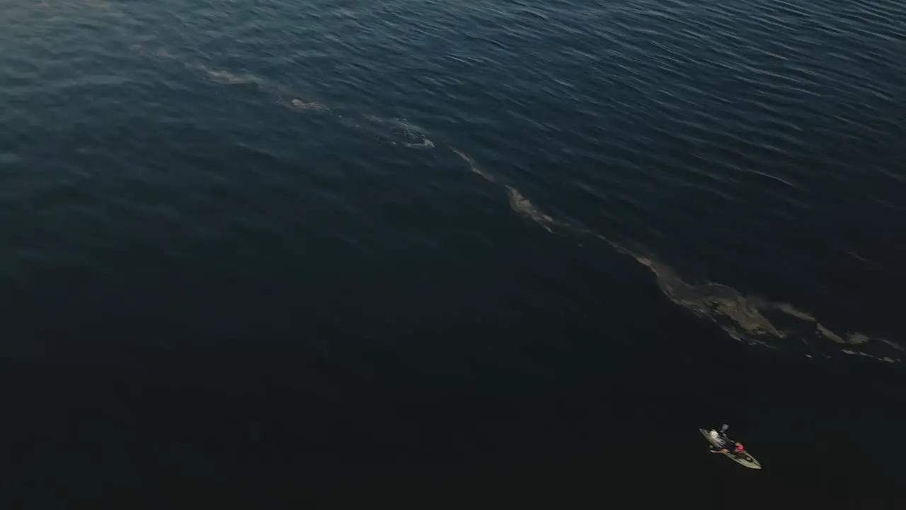 Birdseye aerial view above boat floating on vast calming ocean tilt up to horizon