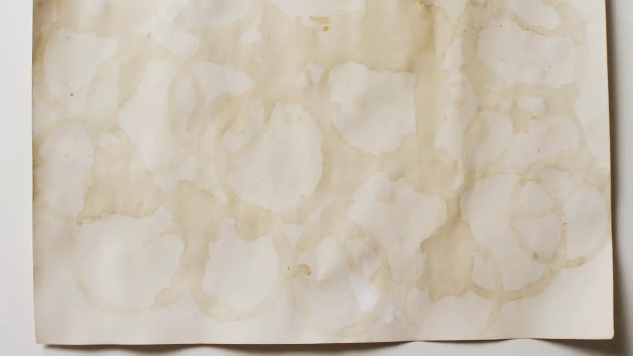 Video close up of piece of paper with round coffee mug stains on white background