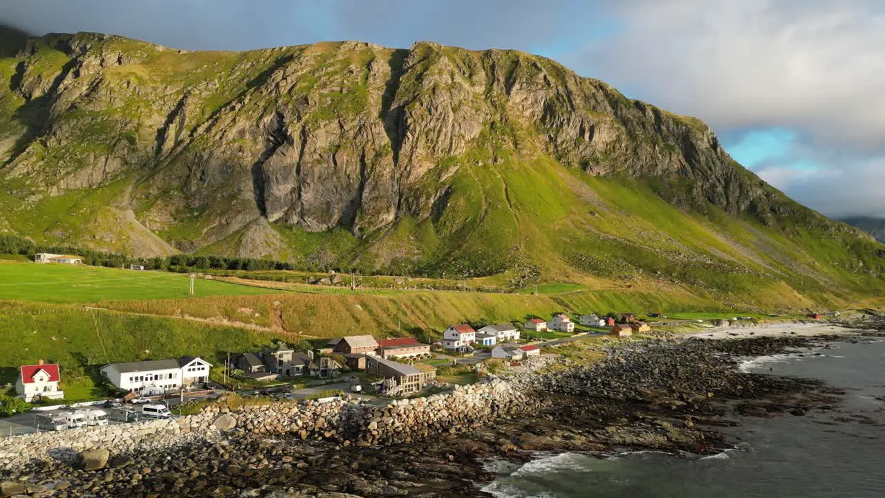 Vikten Village at Lofoten Islands rough coast in Norway Scandinavia Aerial