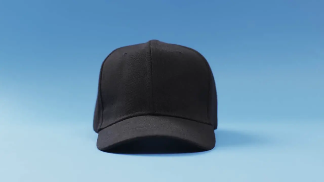 Video of black baseball cap and copy space on blue background