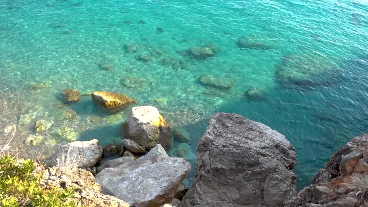 Looking down at rocks and beautiful turquoise ocean water