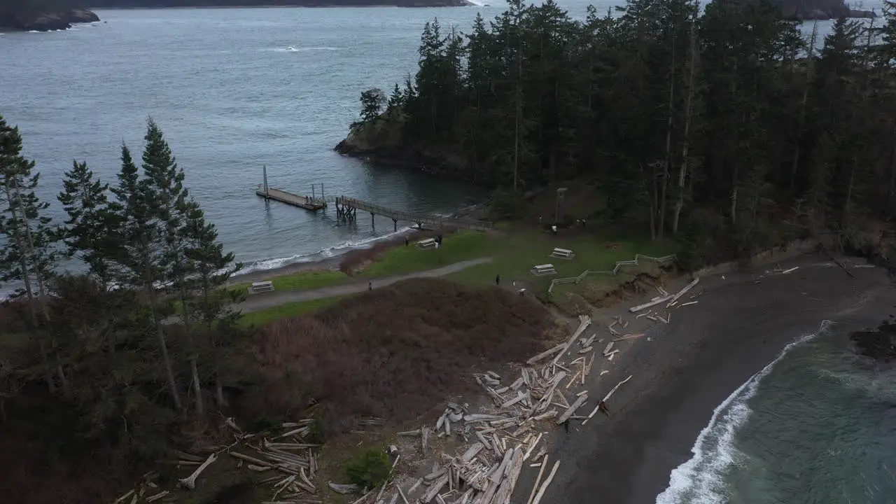 Aerial view of families gathering in the pacific northwest parks by the beach and new a pier