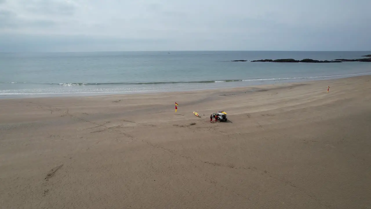 Lifeguard on Devon beach drone aerial view