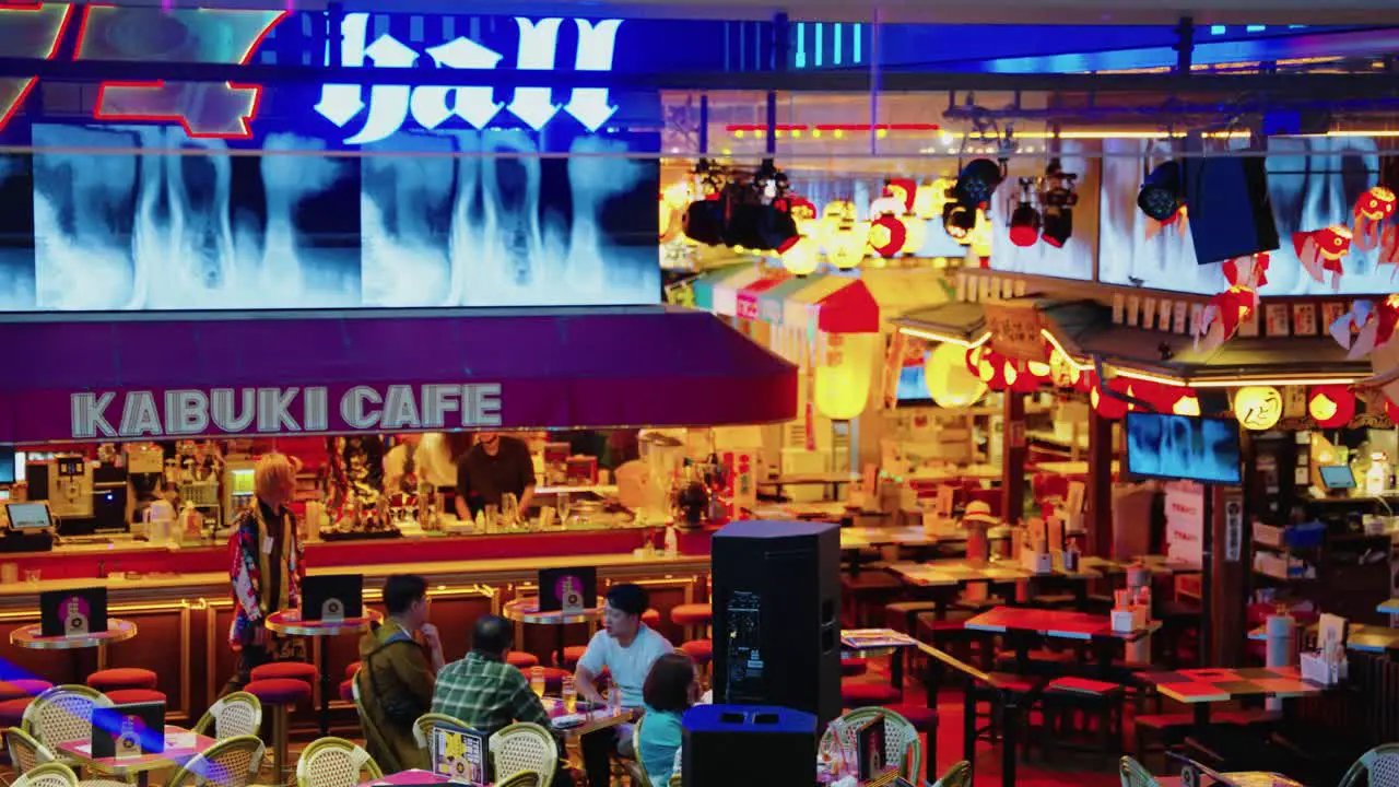 Slow motion pan over nightlife area of Kabukicho Towers