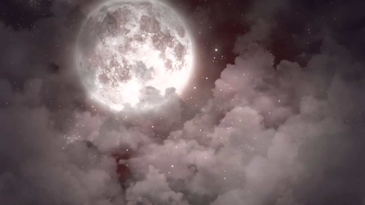 Majestic full moon illuminates starry night sky with glowing clouds