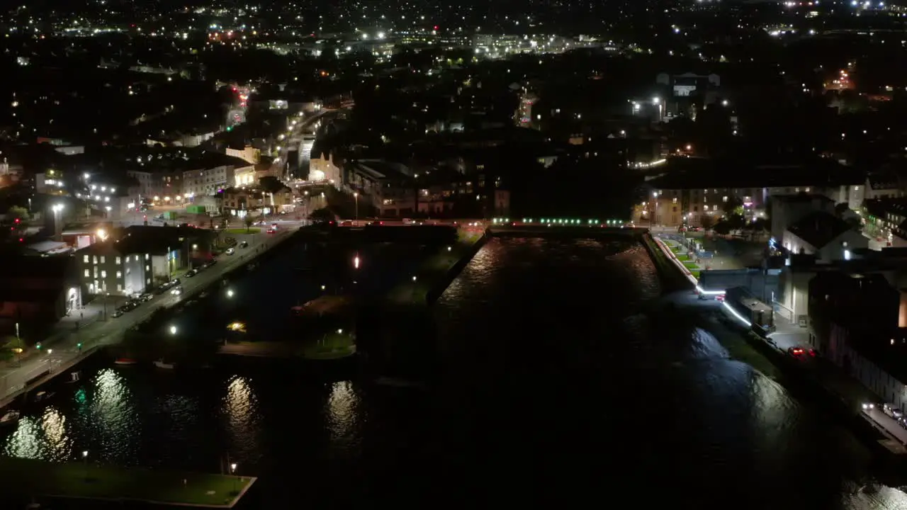 Aerial dolly of Galway City at night