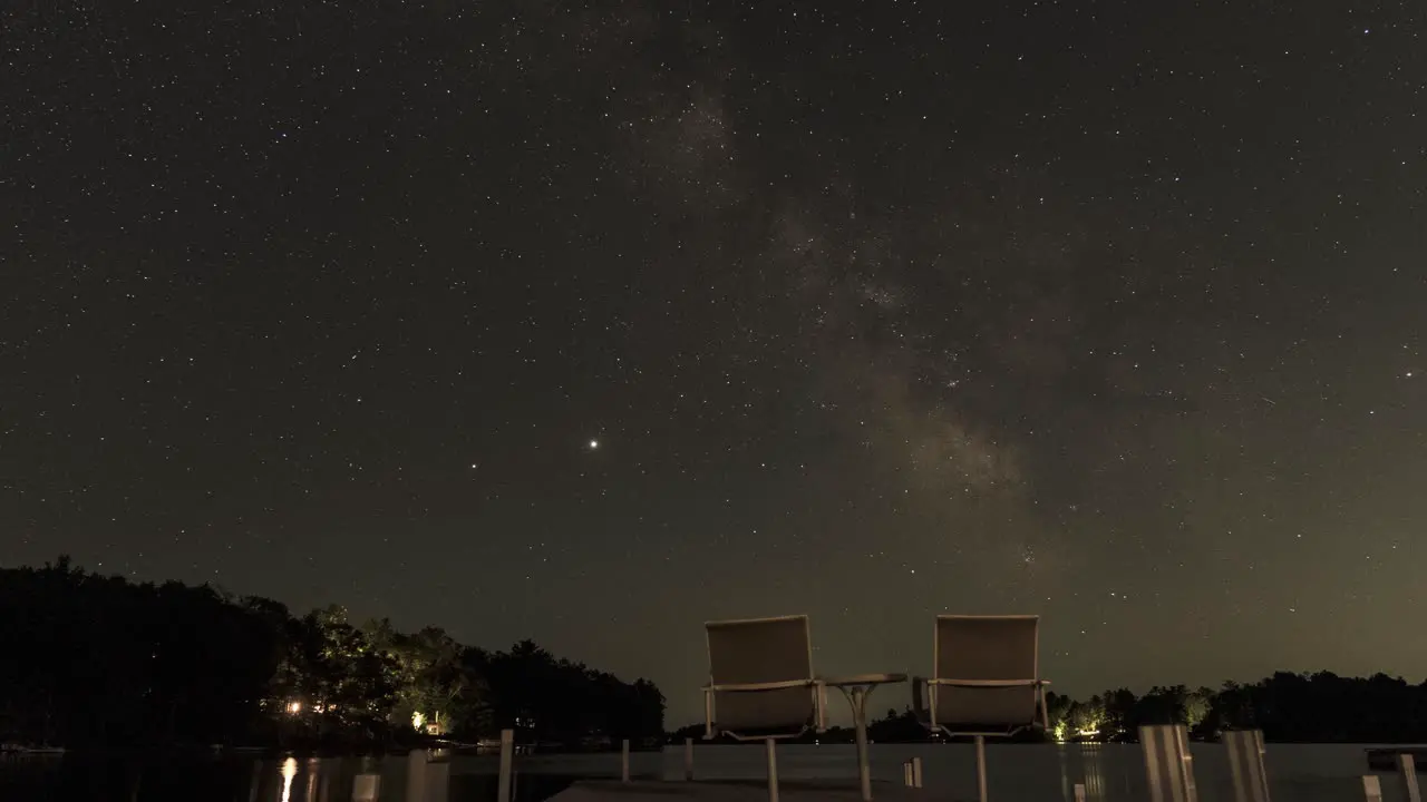 Starry Night Milkway Over a Lake with Two Chairs on a Dock Timelapse