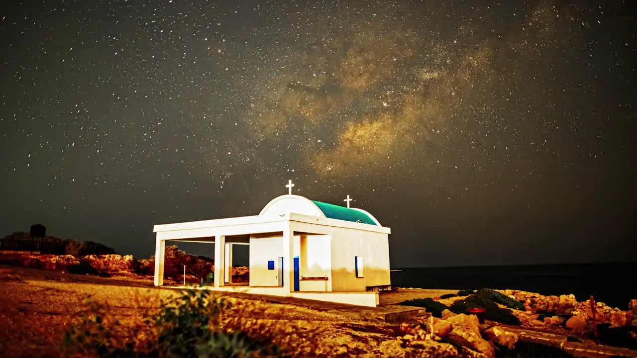 Timelapse of the Milky Way moving in the night sky behind a small church