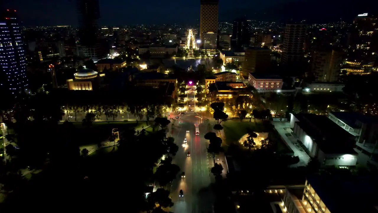 Aerial View of Tirana by Night with Boulevard Lights Traffic and City Cars Creating a Spectacular Urban Tapestry