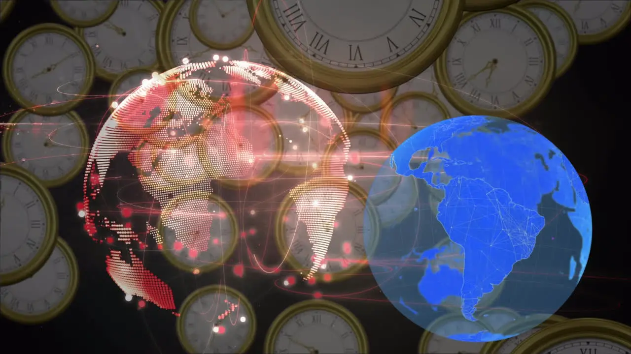 Animación De La Red Global Sobre Relojes Y Mapa Mundial