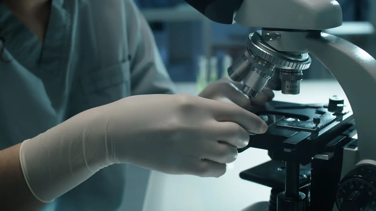 Científico De Laboratorio Femenino Que Examina La Hoja De La Planta Con Microscopio