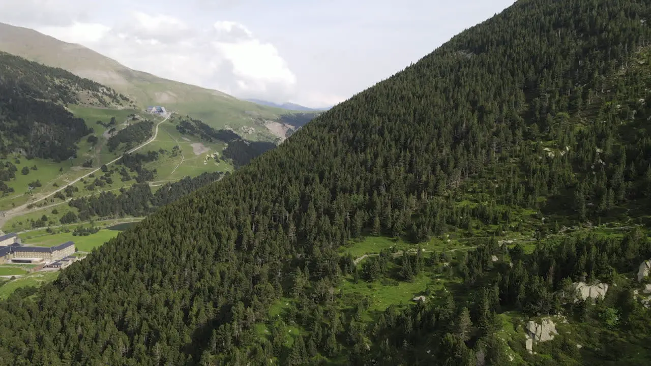 Toma Aérea Acercándose A La Ladera De Una Montaña Donde Crece Un Exuberante Bosque De Pinos En Los Pirineos