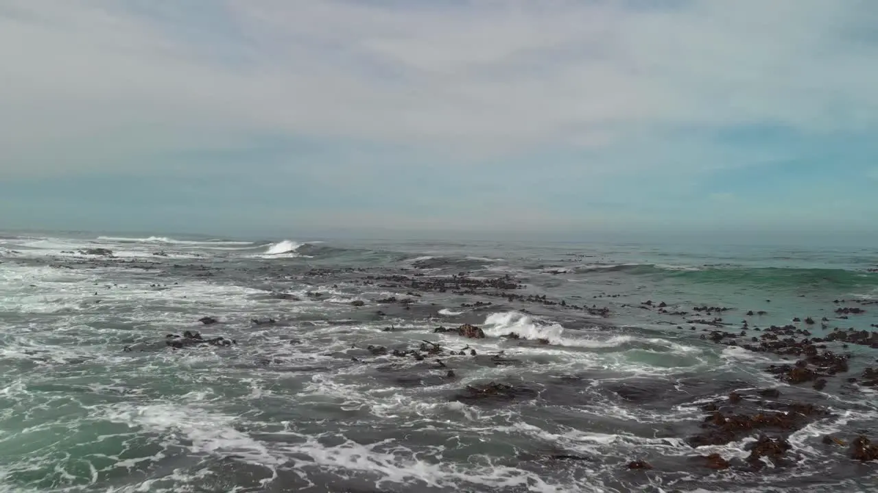 Drone flying low over open rough seas with bamboo floating on the surface as swells and waves come in and break