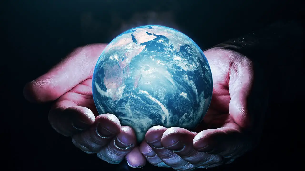 Hands man holding world globe Earth planet day concept animation