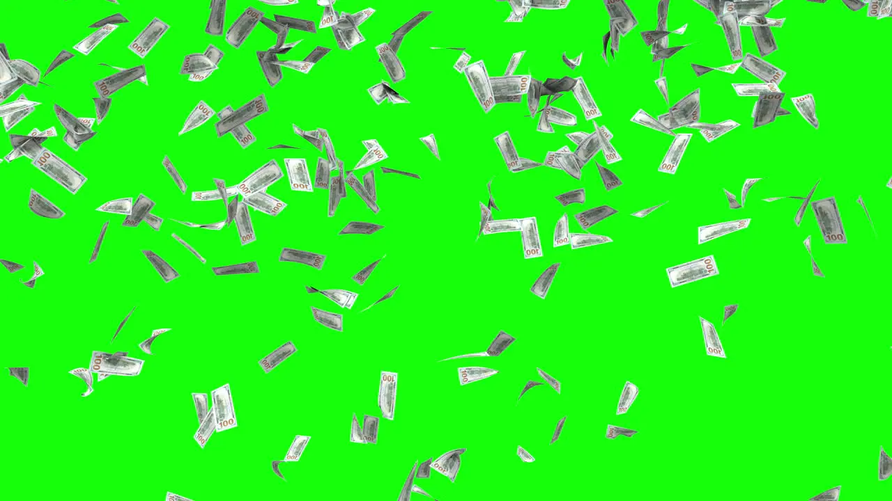 100 dollar bills falling on green screen