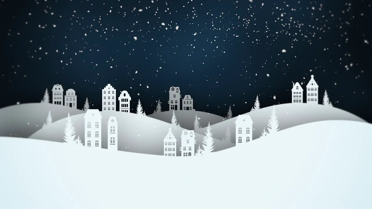 Animated close up night village and snowing landscape