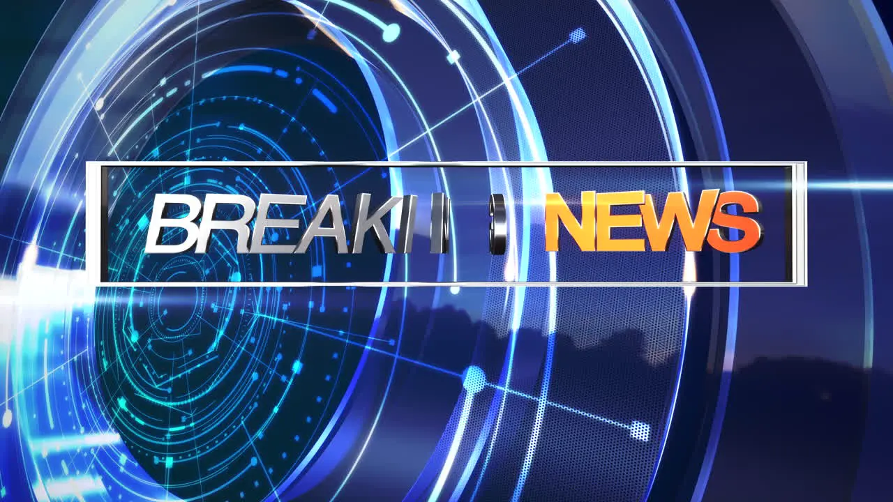 Animation text Breaking News and news intro graphic with blue circular shapes in studio abstract background