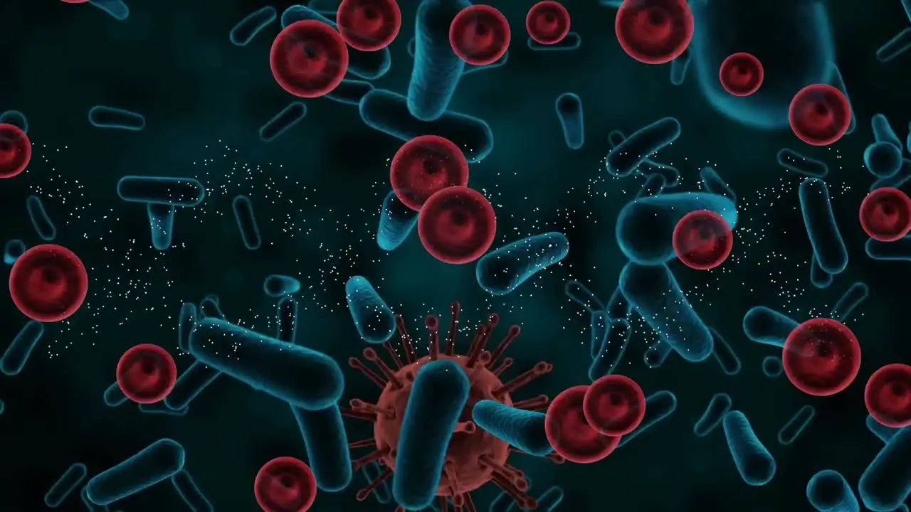 Animation of blood and bacteria cells on black background