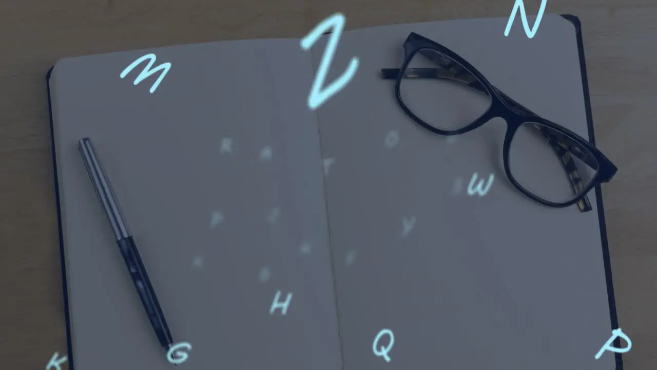 Multiple alphabets floating against glasses and pen on open notebook against wooden surface