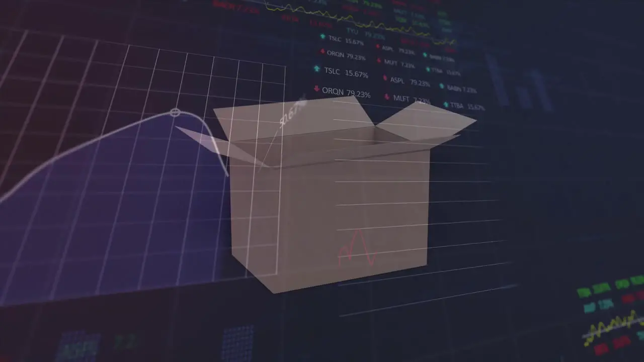 Animation of financial data processing over cardboard box opening and closing