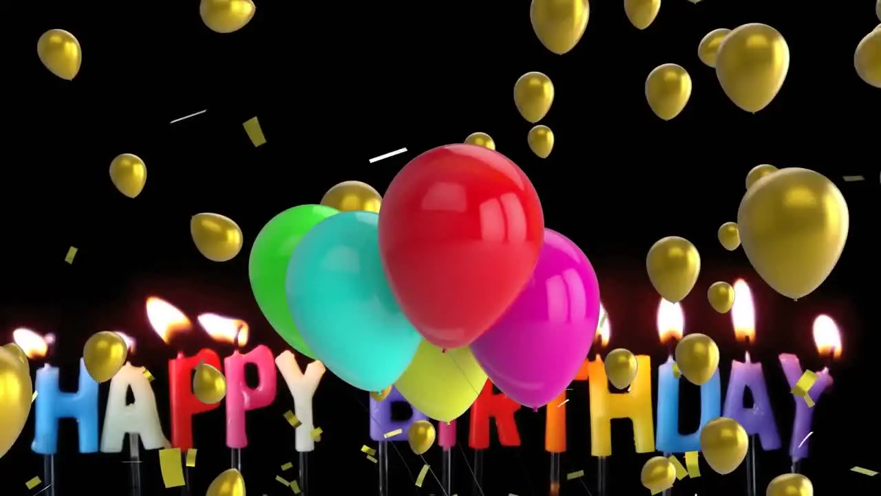 Animation of colorful balloons floating and golden confetti falling over happy birthday candles