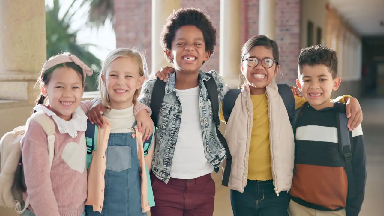 School portrait and group of children in hallway