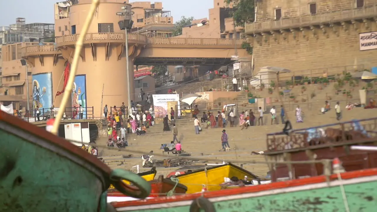 Handheld Shot of a Ghat from Moored Boats